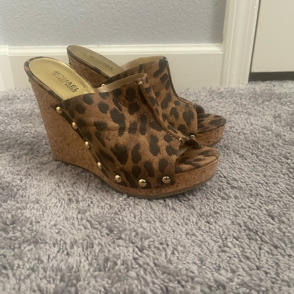 Michael Kors Leopard Print Wedge Sandals with gold accents